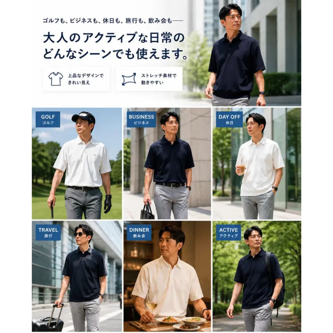 大人のための究極の夏ポロ【万能ポロシャツ】　接触冷感・ストレッ1チ　日本製　№75351